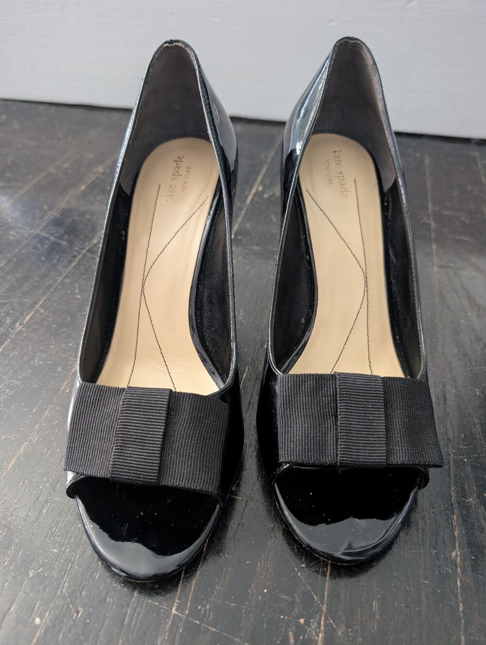 kate spade Black Patent Peep-Toe Pumps with Bow